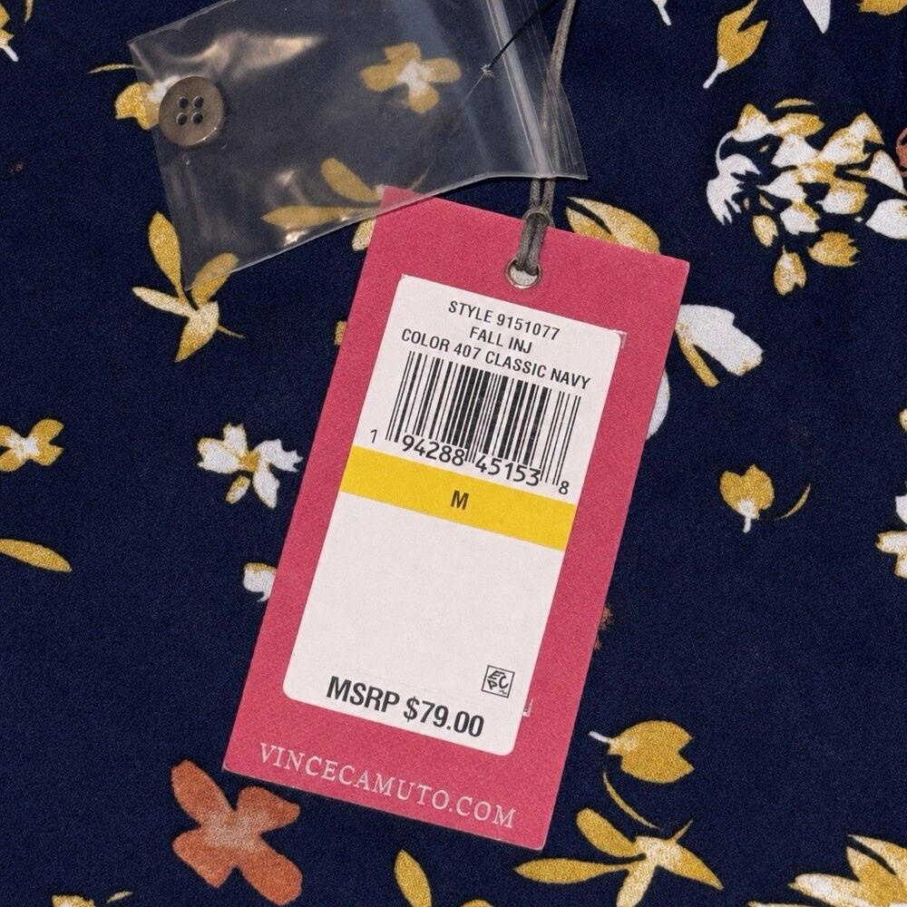 Vince Camuto Womens M Navy Floral Split Neck Balloon Sleeve Blouse NWT - Picture 6 of 8